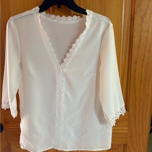 SHEIN White Lace-Trim V-Neck Blouse